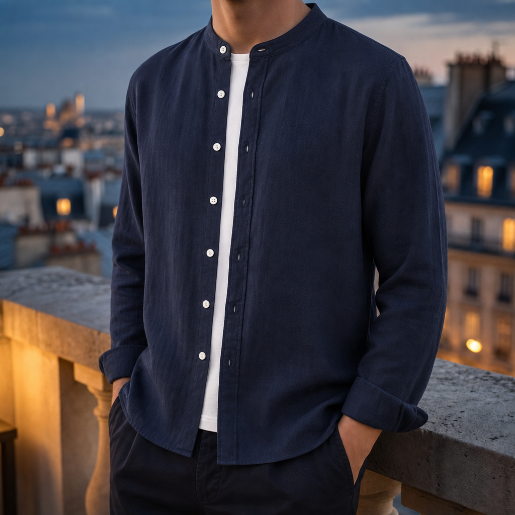 Folegandros Linen Band Collar Shirt in Navy