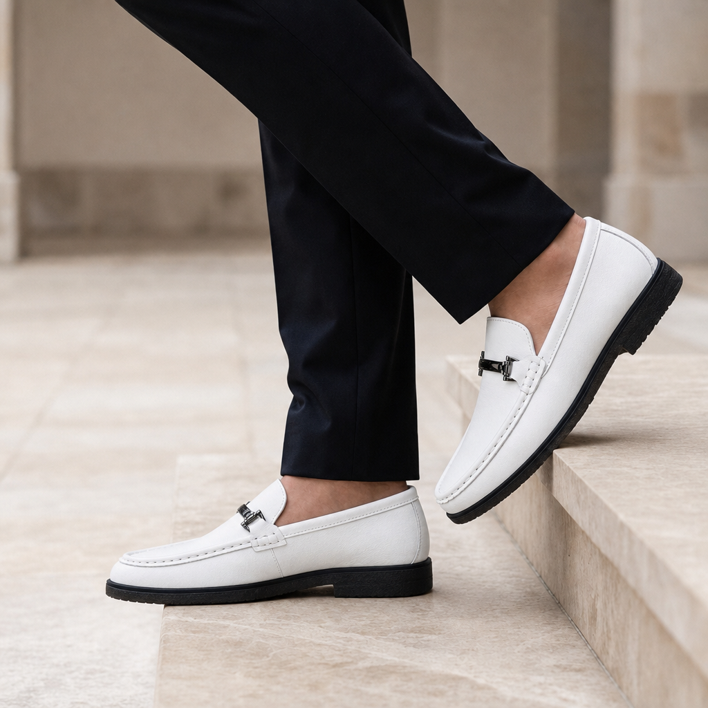 Almeria Metal Bit Leather Loafers in White