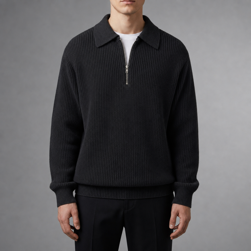 Urbino Quarter Zip Polo Sweater in Black