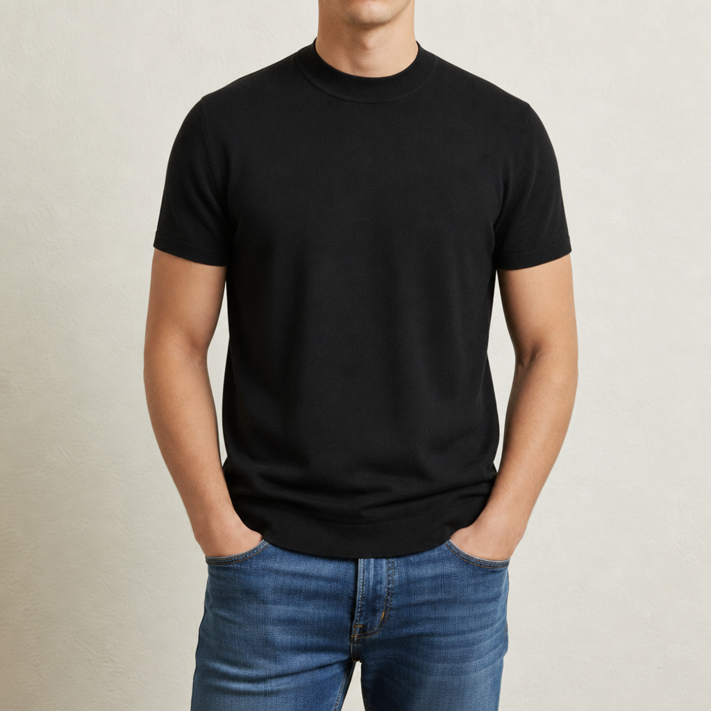Gozo Ribbed Mock Neck Tee in Black