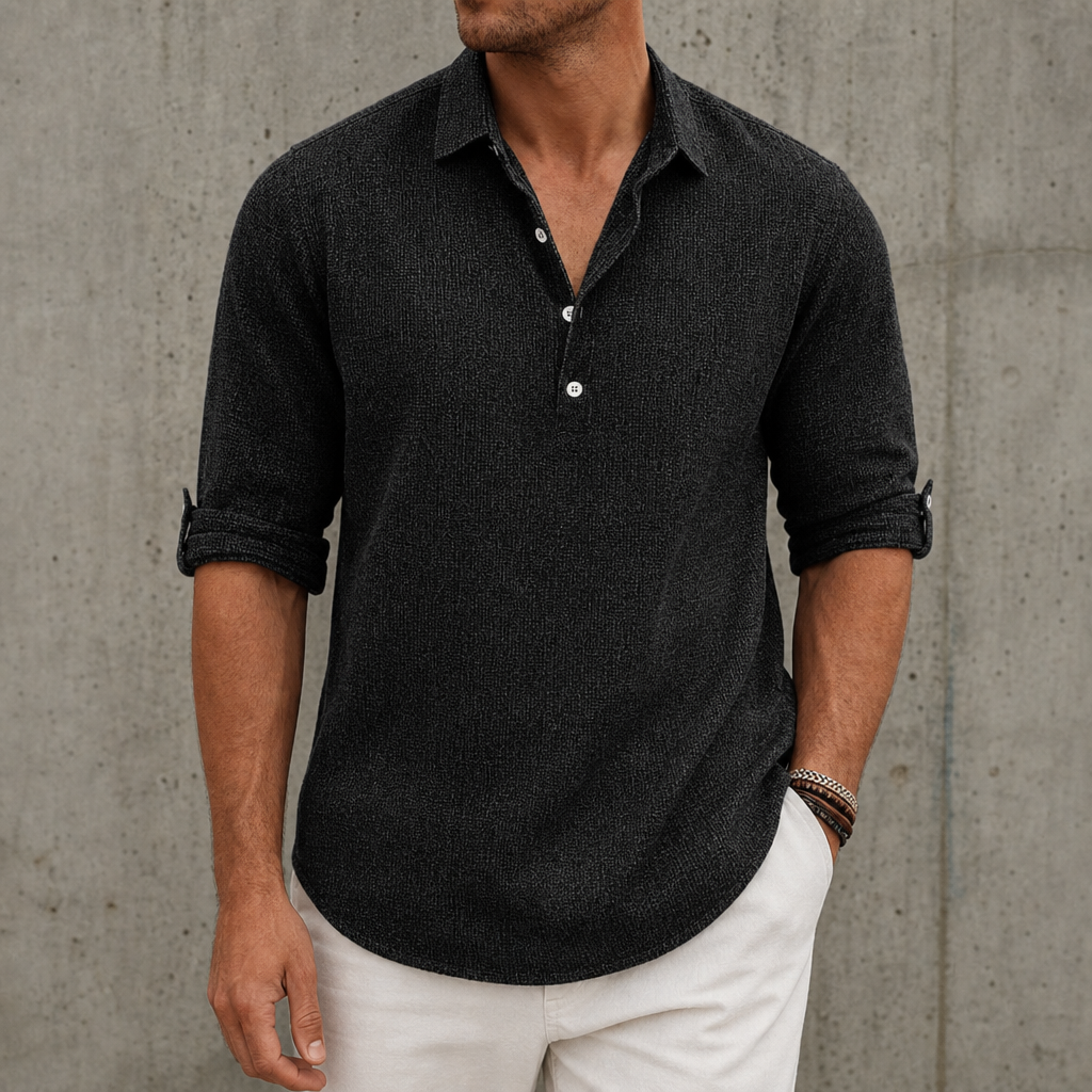 Ubeda Linen Henley Shirt in Black