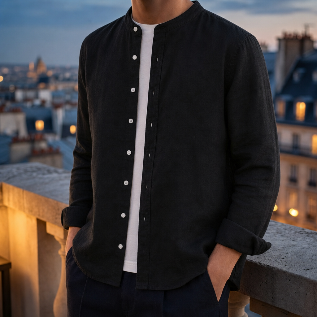 Folegandros Linen Band Collar Shirt in Black