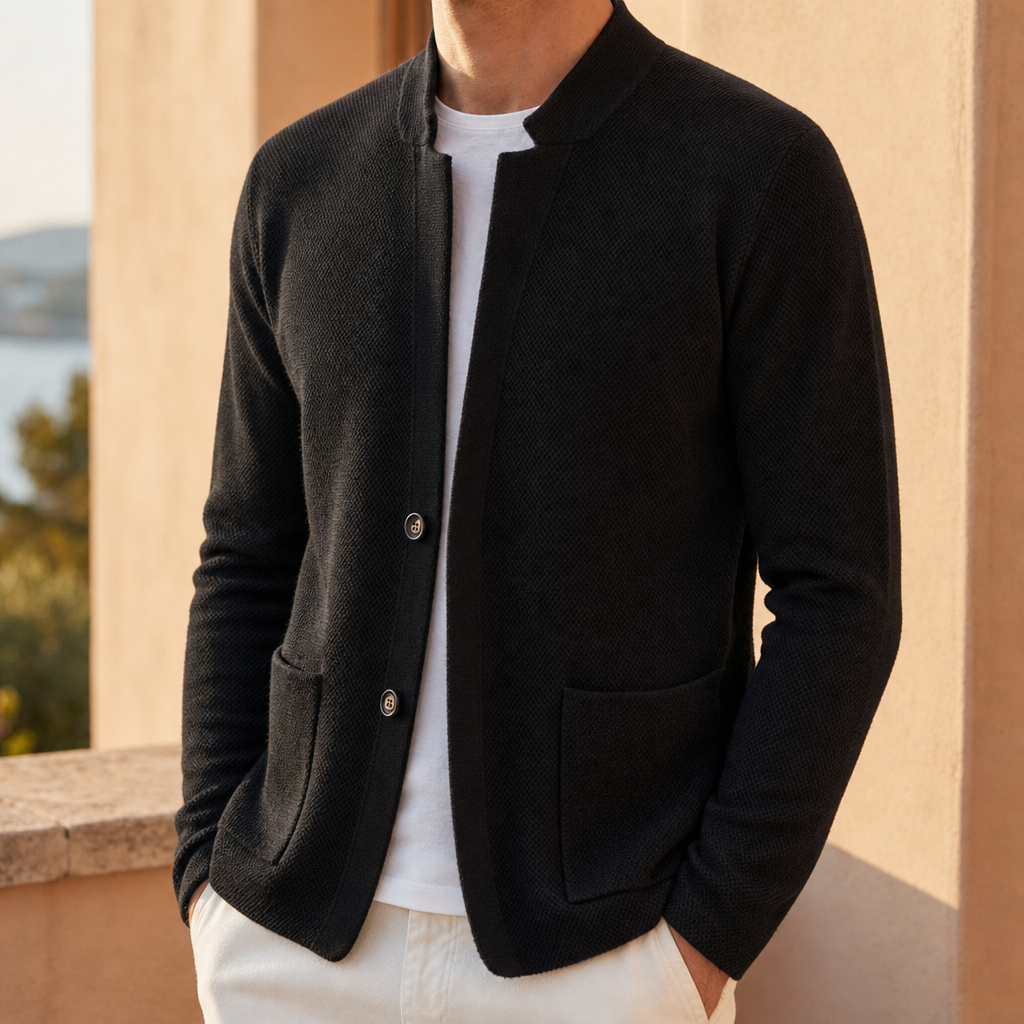 Kos Stand Collar Knit Cardigan in Black