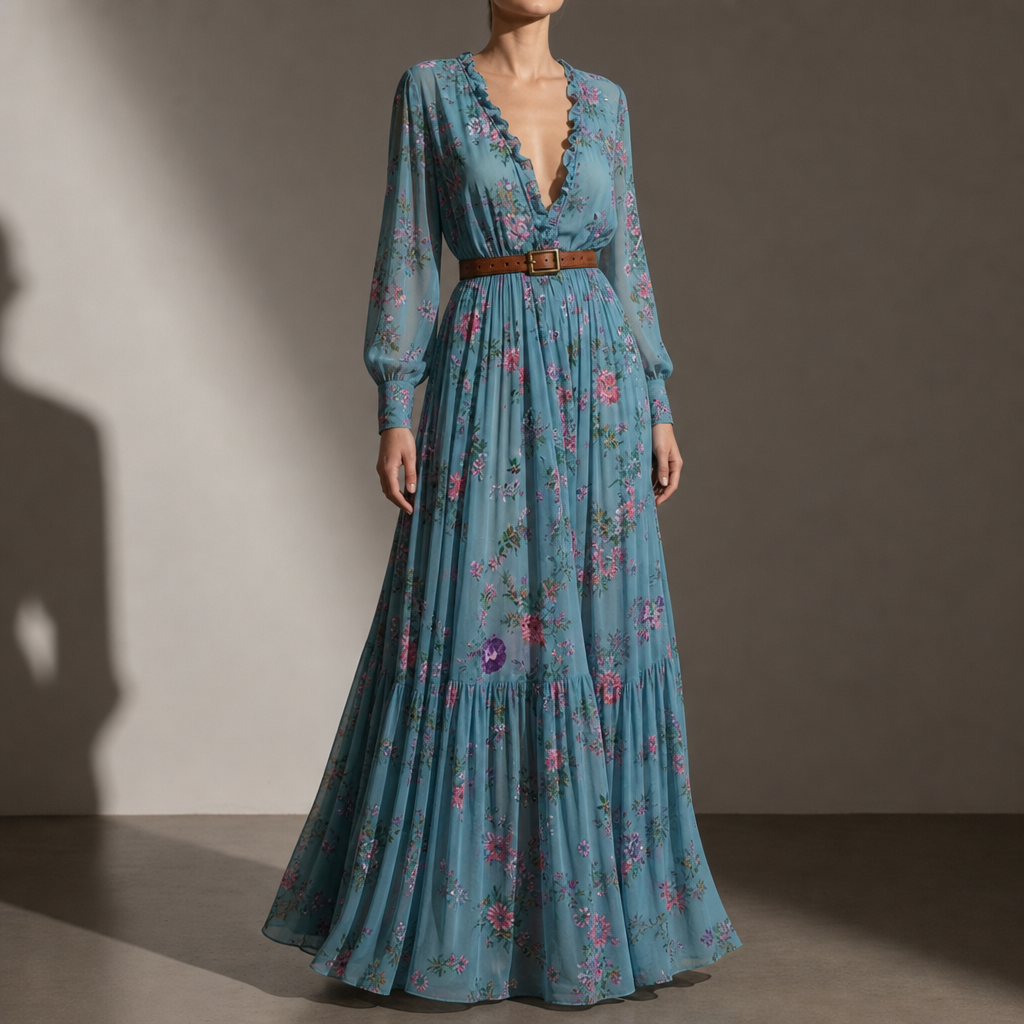 Thassos Embroidered Boho Maxi Dress in Blue