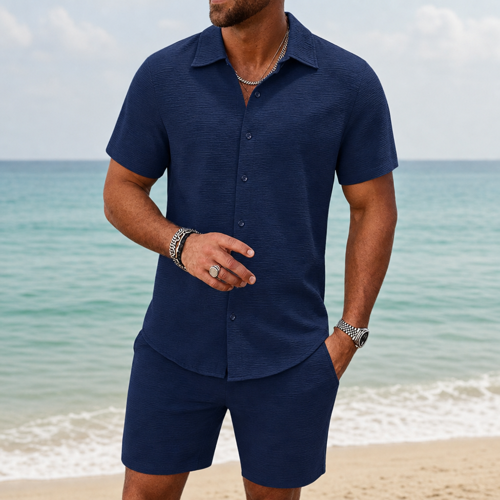Porec Textured Matching Shorts Set in Navy Blue