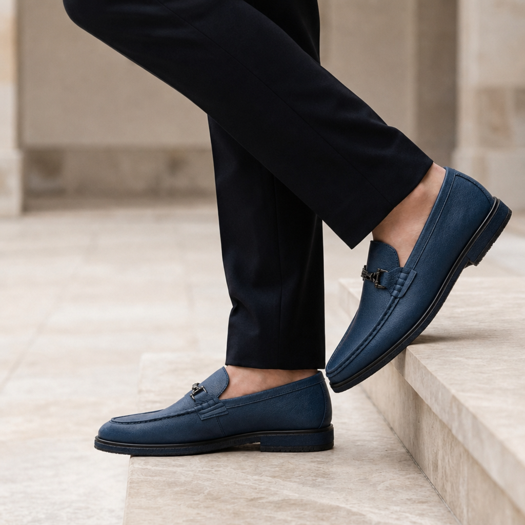 Almeria Metal Bit Leather Loafers in Blue