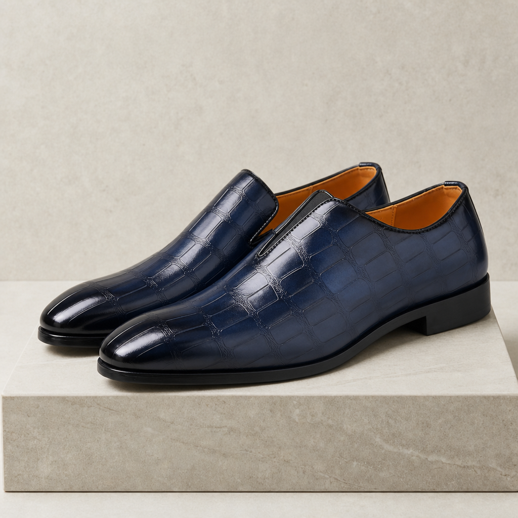 Sibenik Croc Embossed Leather Loafers in Blue