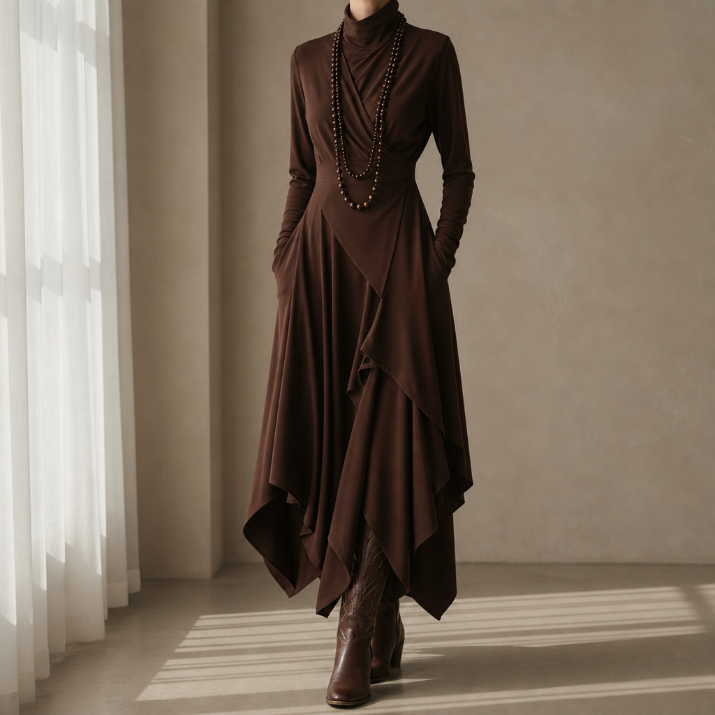 Opatija Draped Asymmetric Maxi Dress in Brown