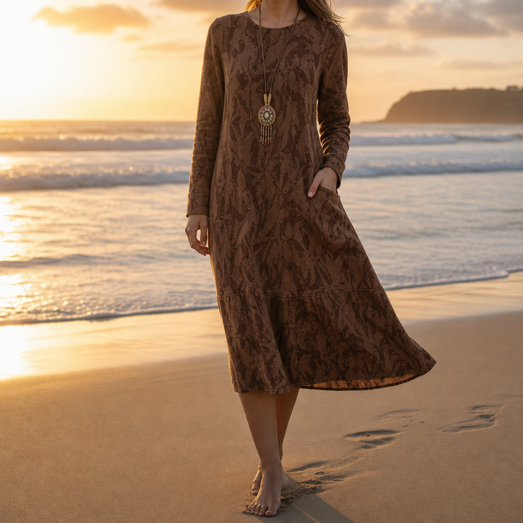 Estoril Printed Pocket Midi Dress in Brown