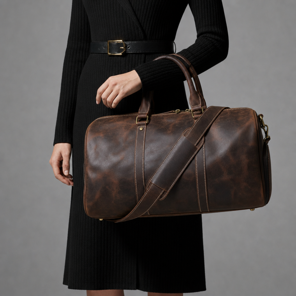 Lesvos Vintage Leather Duffel Bag in Coffee Brown