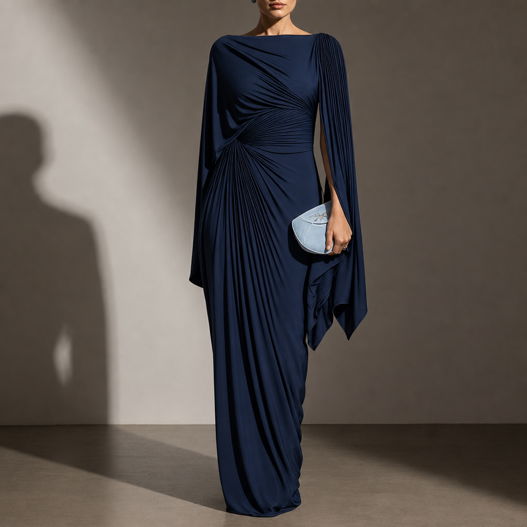 Menerbes Pleated Cape Maxi Dress in Dark Blue