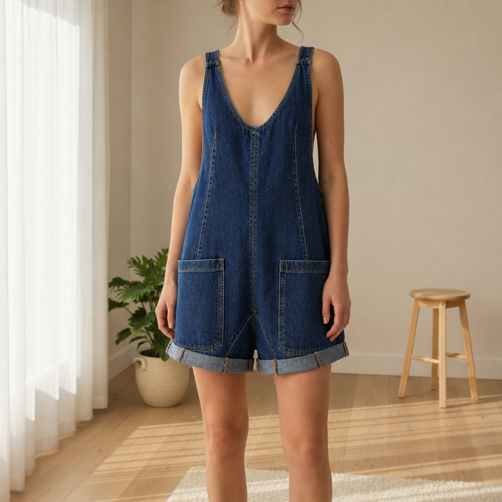 Portovenere Sleeveless Denim Romper in Dark Blue