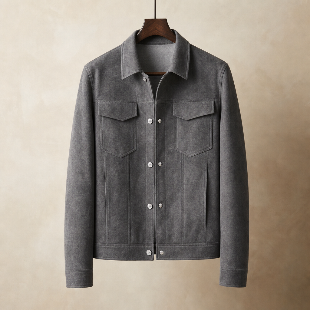 Astypalaia Suede Button-Up Jacket in Gray