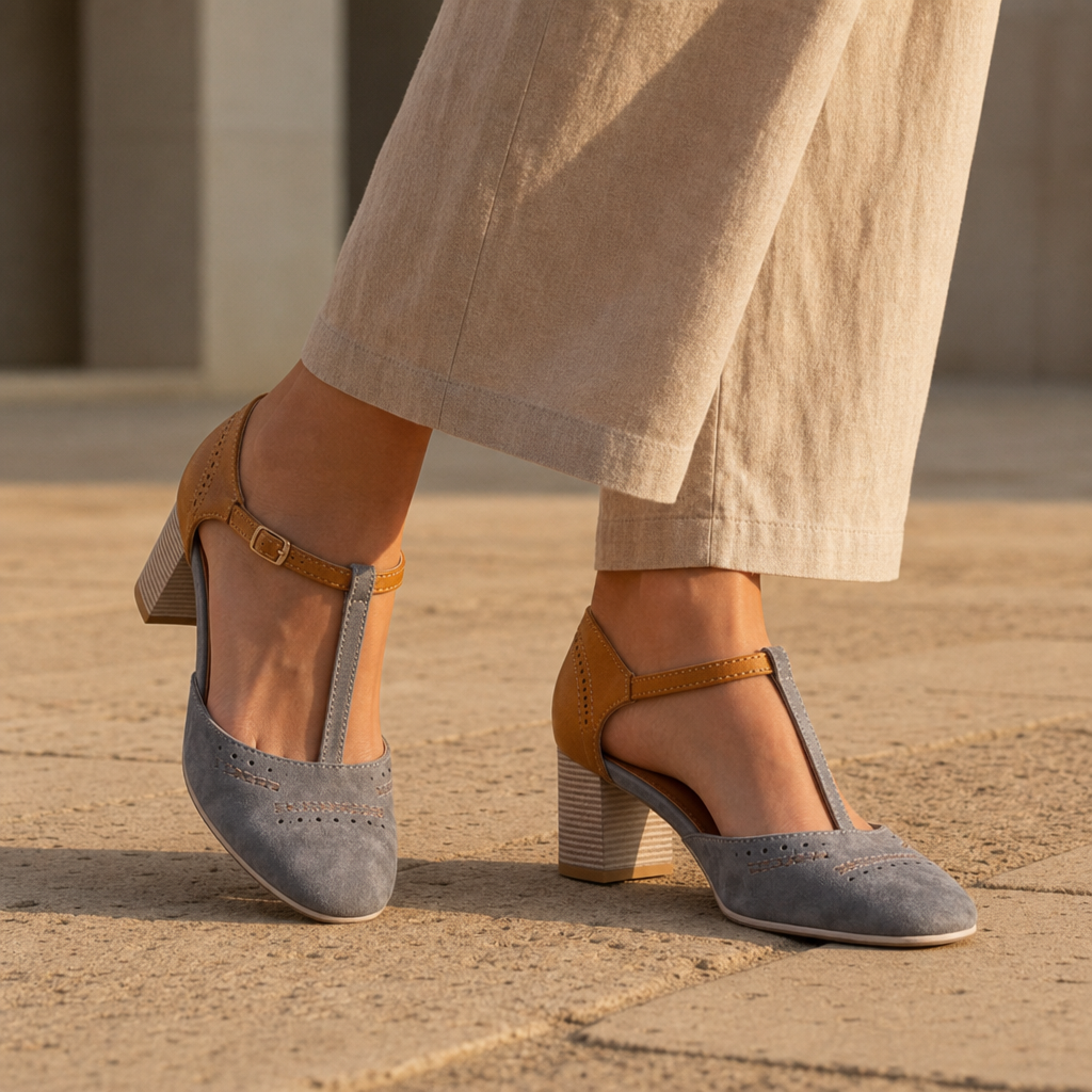 Guimaraes Two-Tone T-Strap Pumps in Gray