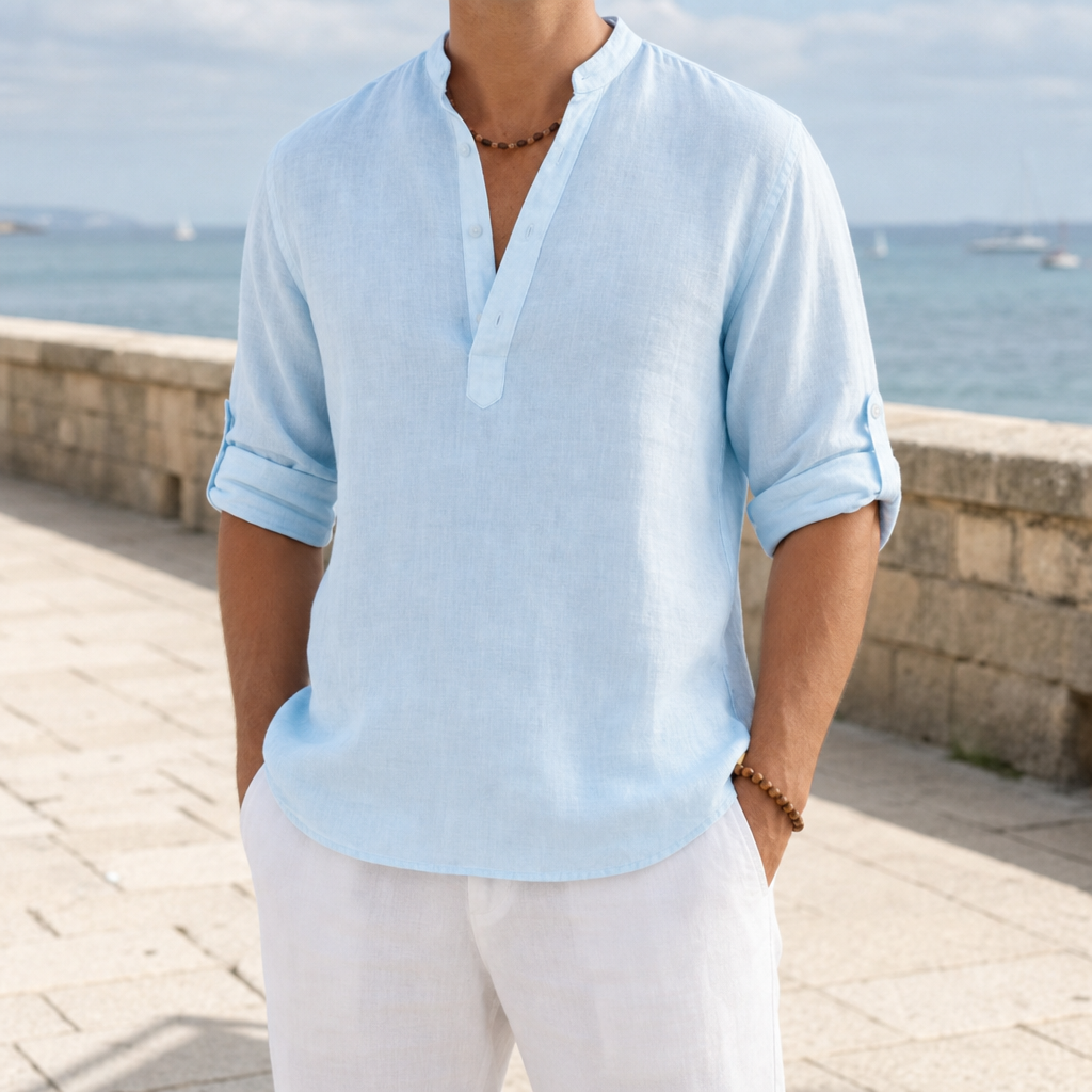 Sesimbra Linen Henley Shirt in Light Blue