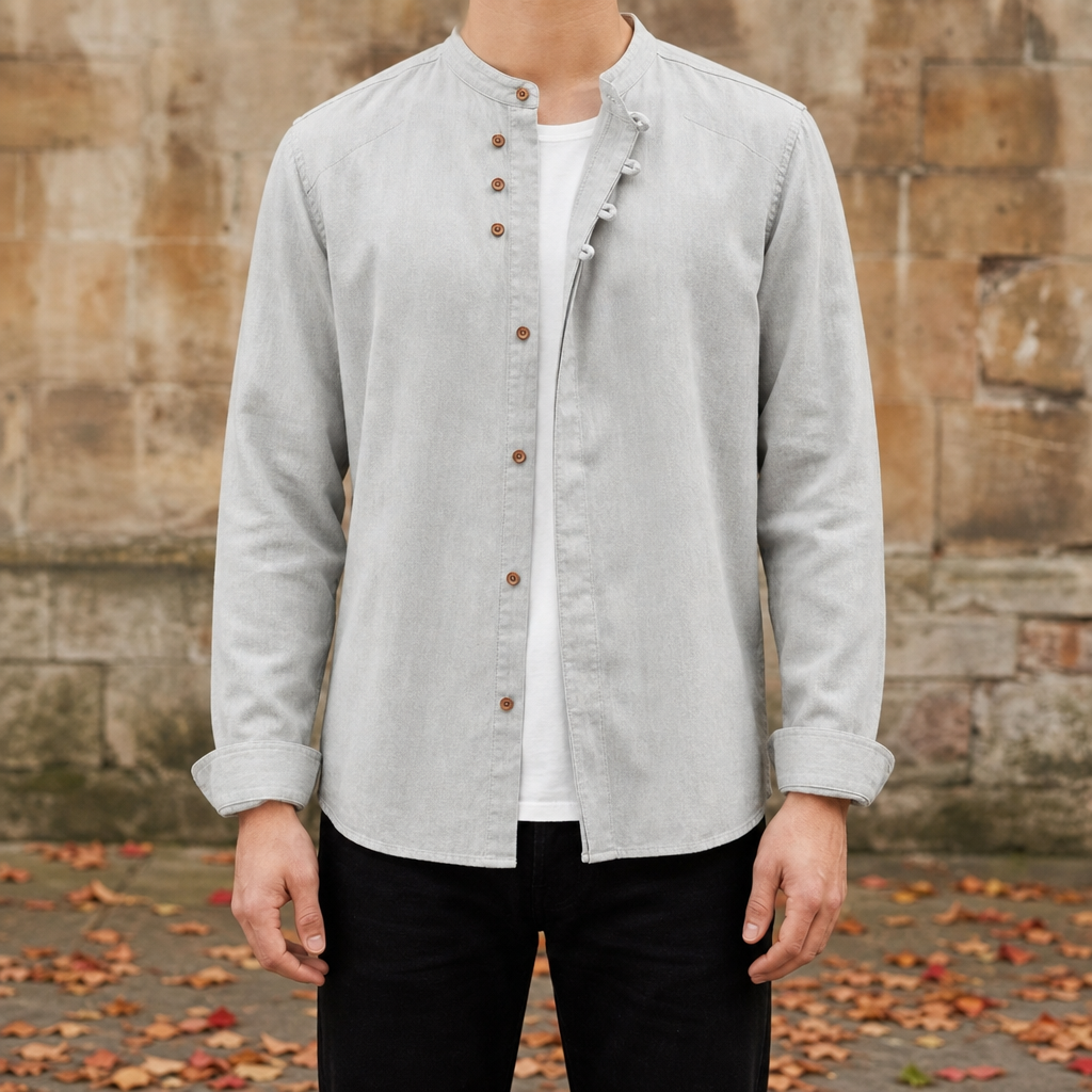 Oviedo Mandarin Collar Linen Shirt in Light Gray
