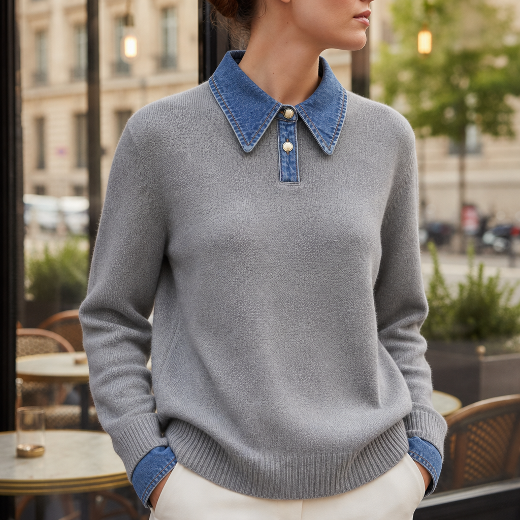 Volterra Denim Collar Knit Sweater in Light Gray