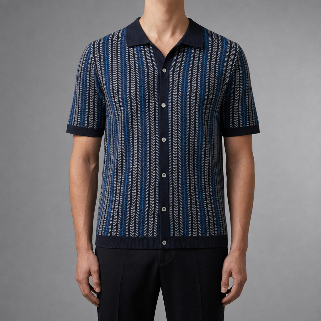 Vence Striped Knit Polo in Navy Blue