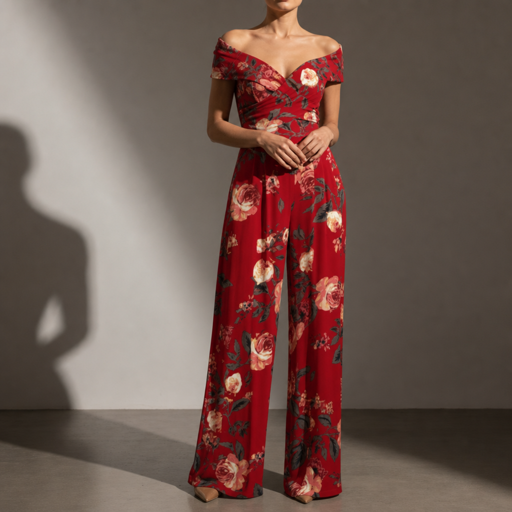 Lesvos Floral Wide-Leg Jumpsuit in Red