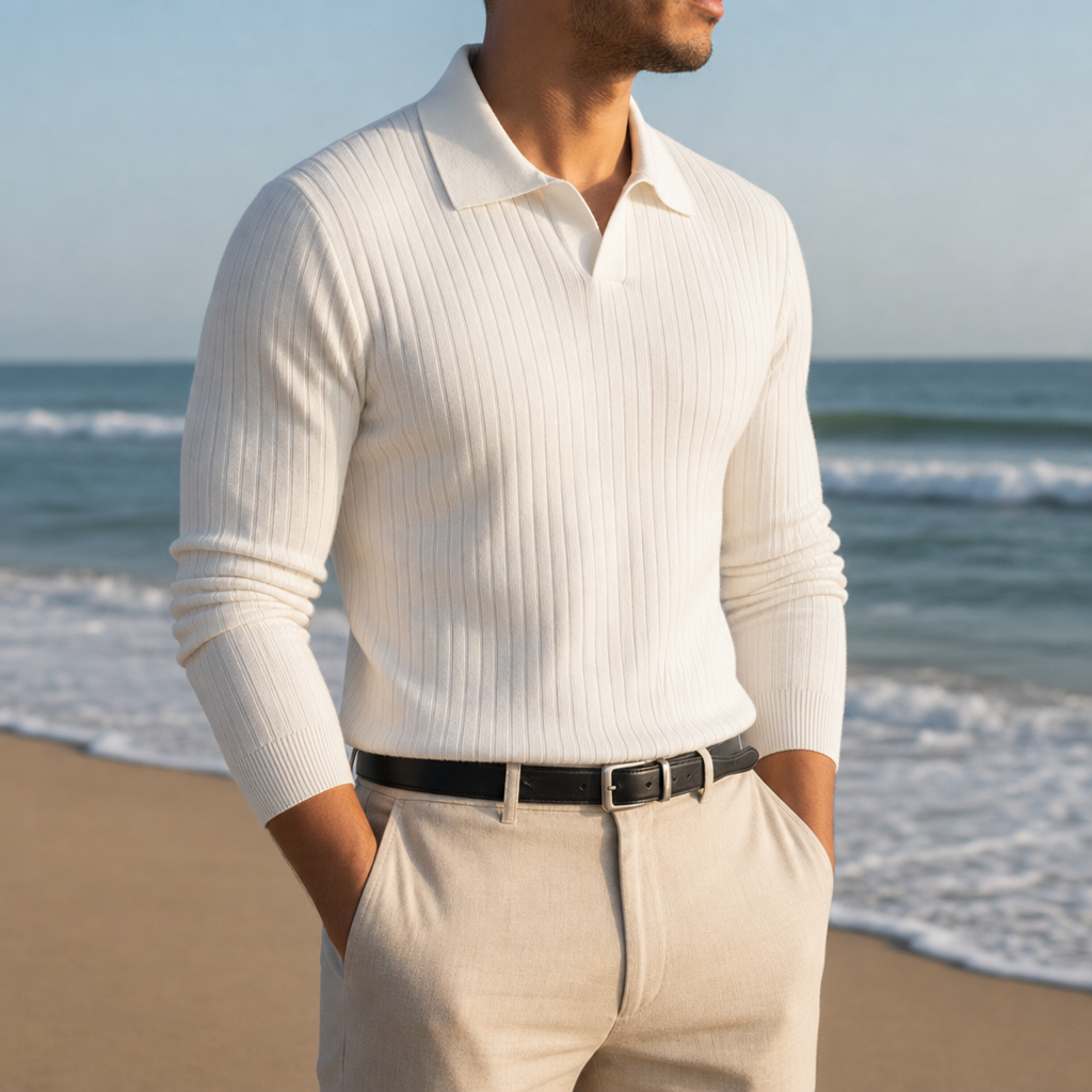 Corte Ribbed Knit Polo in White