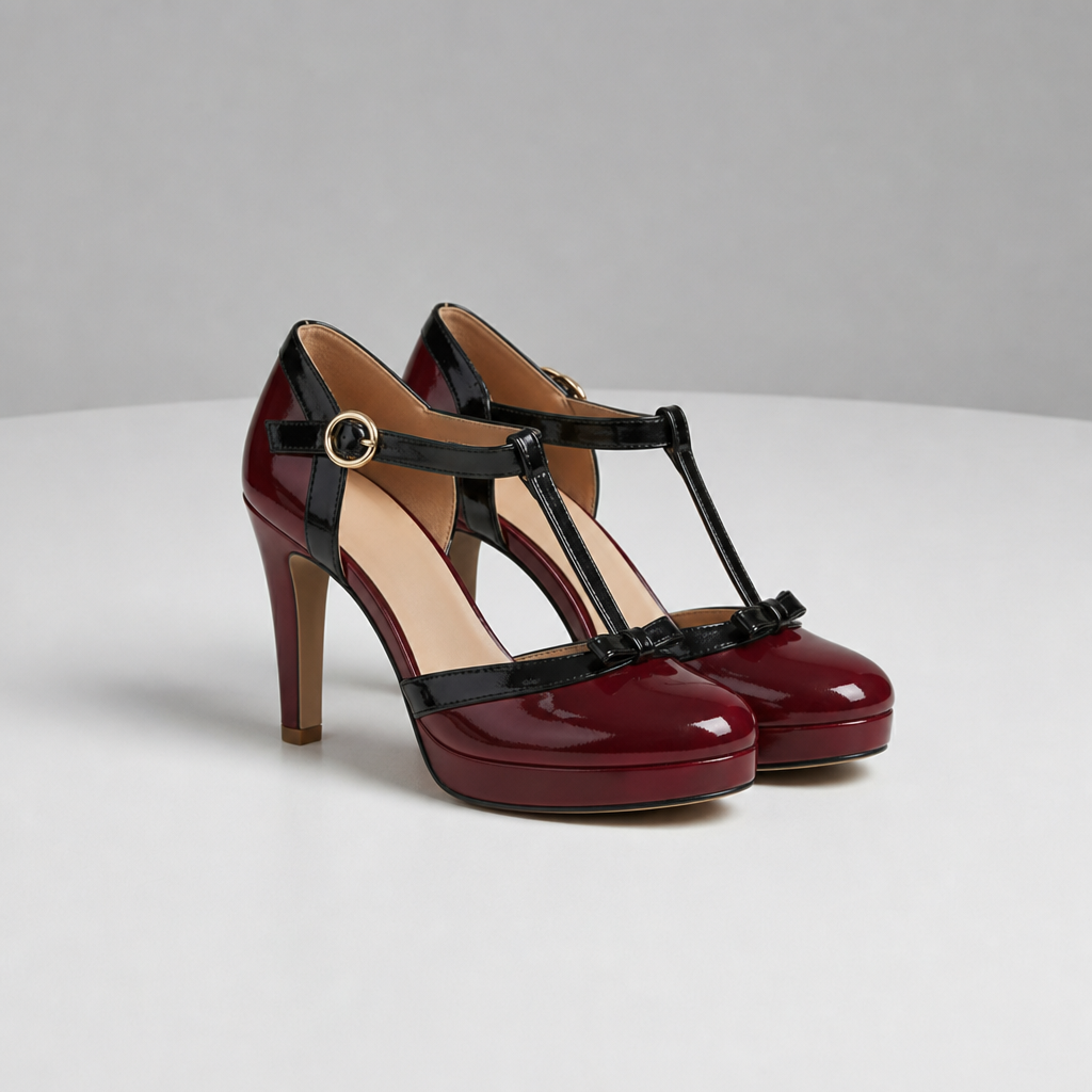 Samos Bow T-Strap Heels in Wine Red