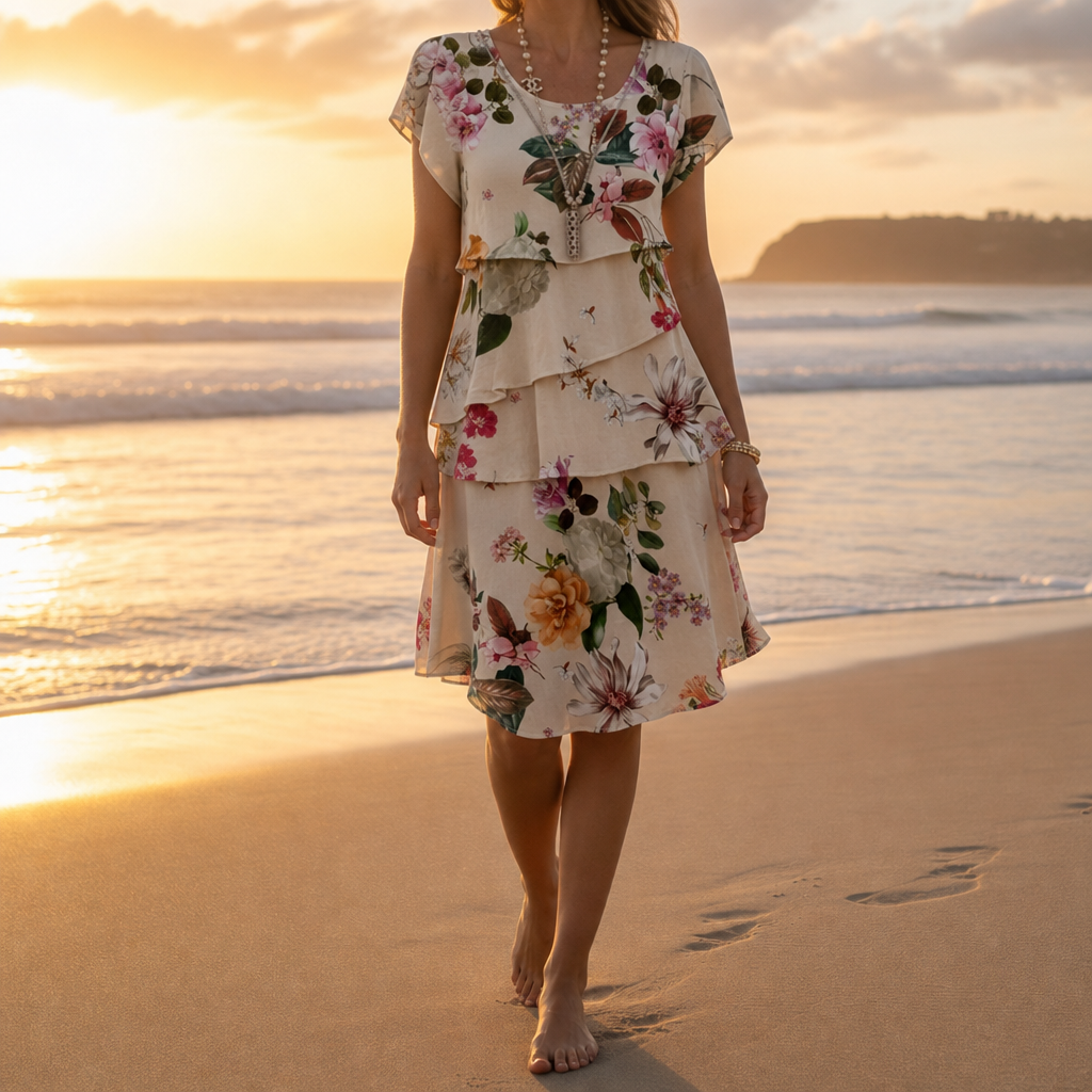 Deia Floral Tiered Mini Dress in Beige