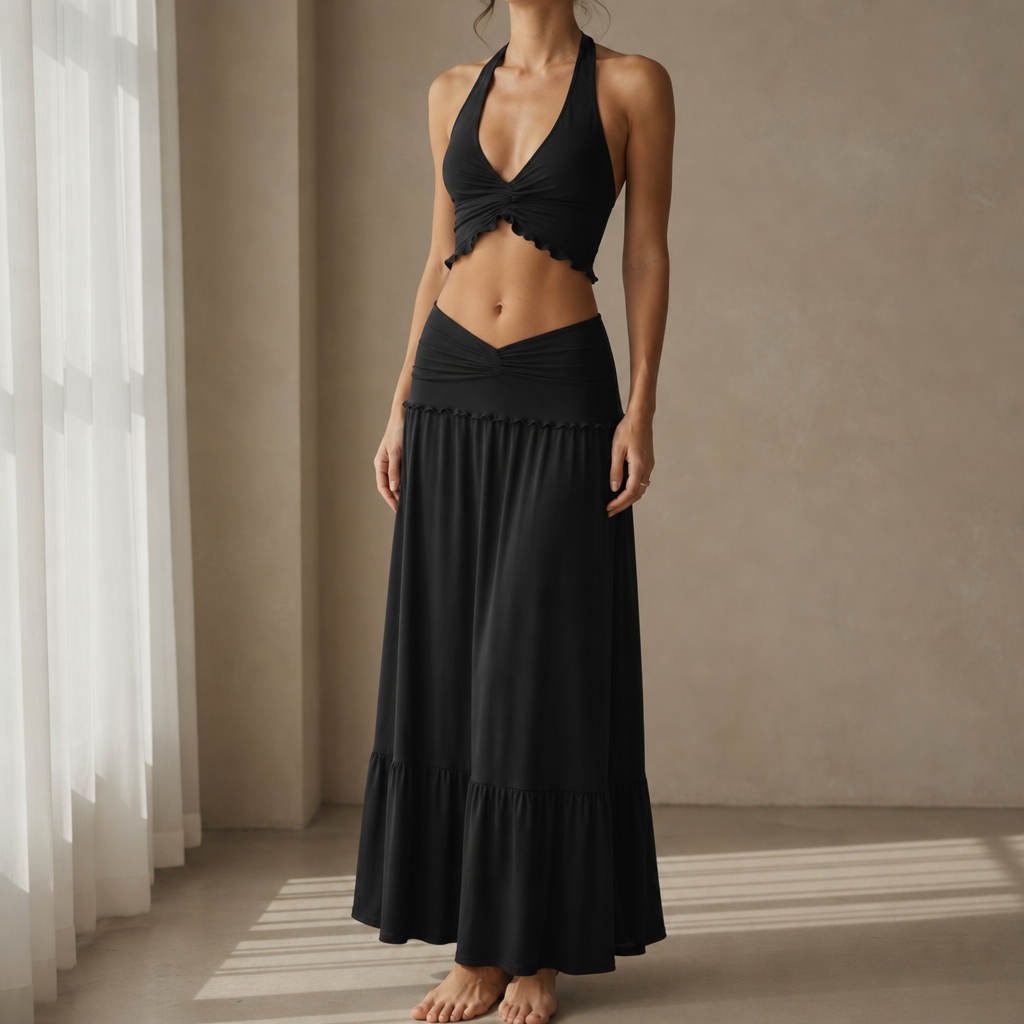 Mougins Halter Ruffle Two-Piece Set in Black