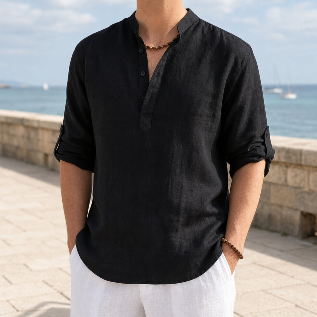 Sesimbra Linen Henley Shirt in Black