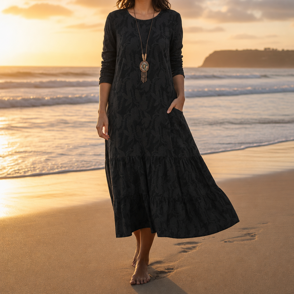 Estoril Printed Pocket Midi Dress in Black