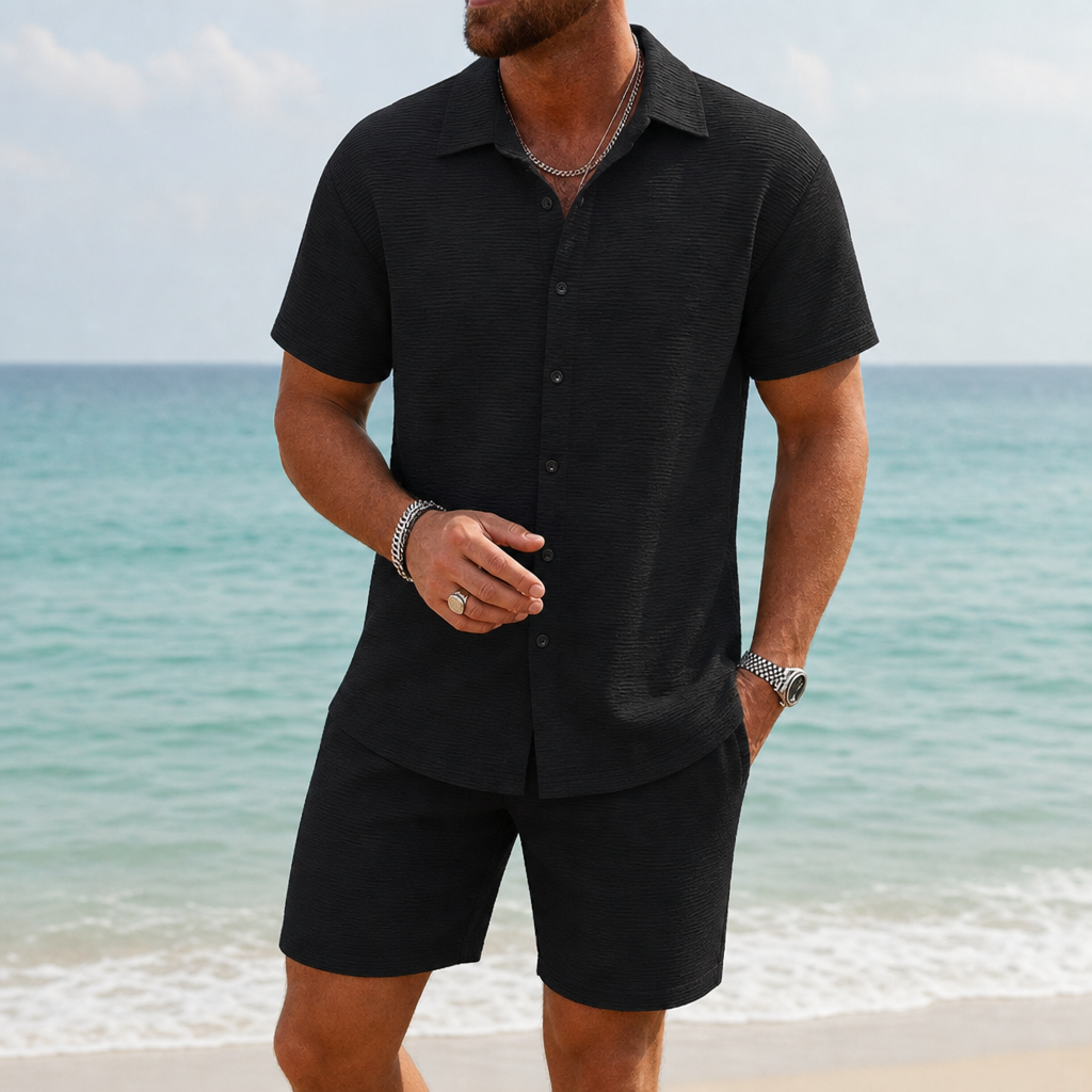 Porec Textured Matching Shorts Set in Black