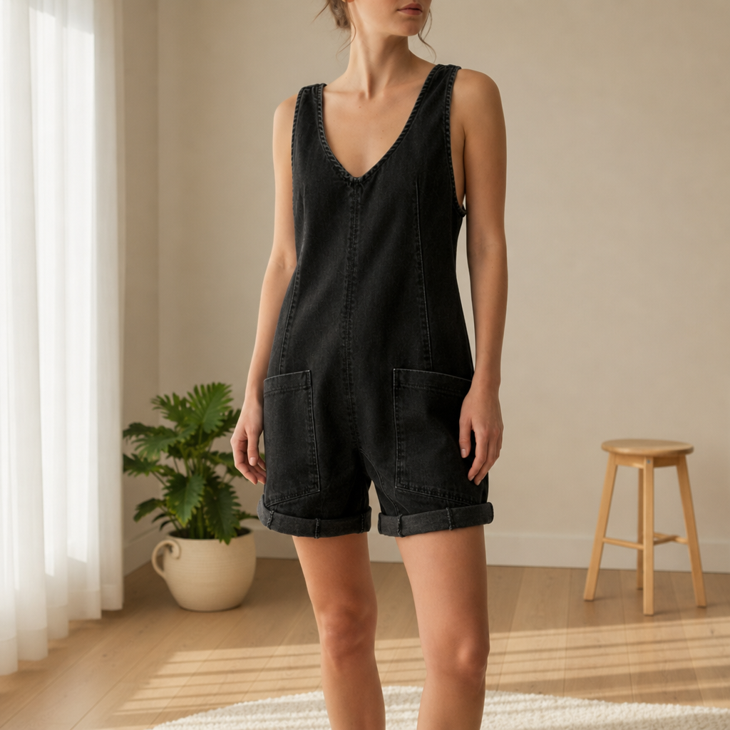 Portovenere Sleeveless Denim Romper in Black