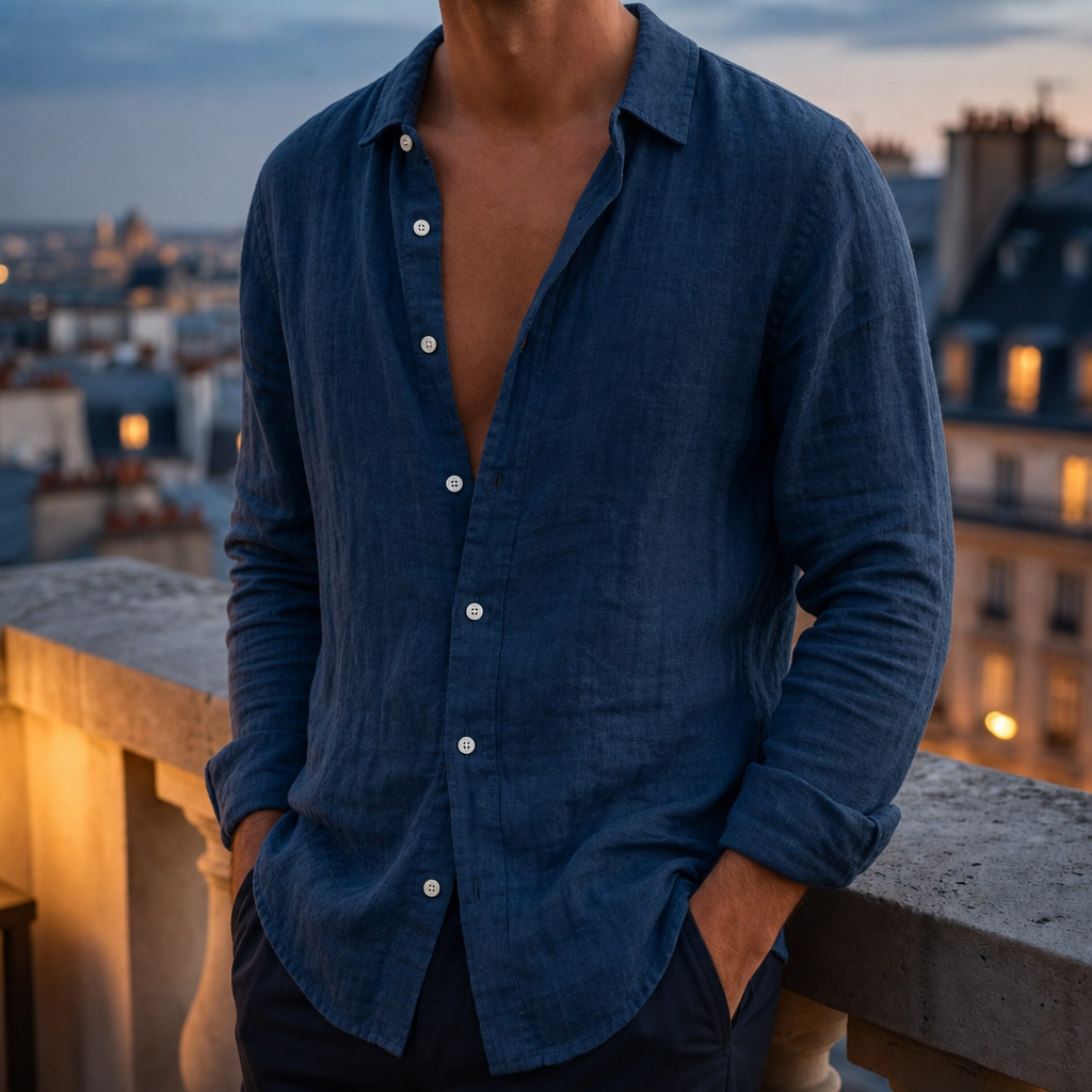 Syros Linen Open Collar Shirt in Blue