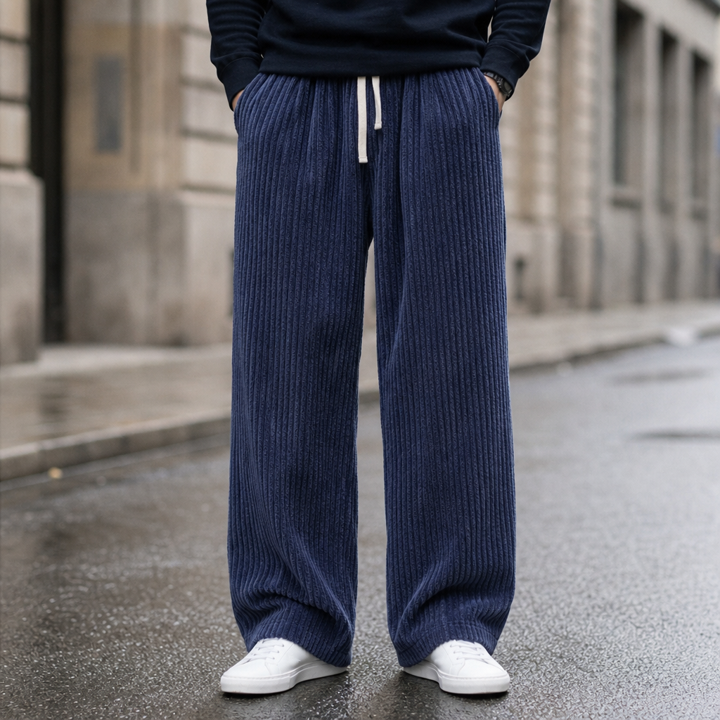 Korcula Wide Leg Corduroy Pants in Navy Blue