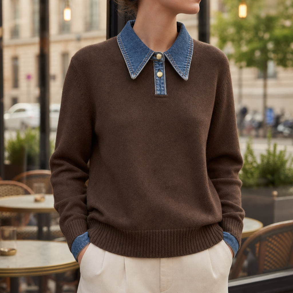 Volterra Denim Collar Knit Sweater in Brown