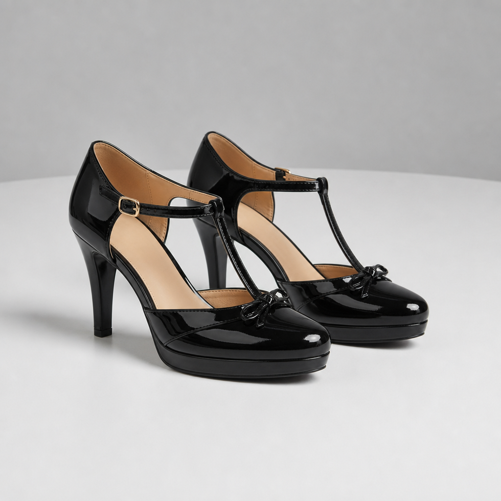 Samos Bow T-Strap Heels in Classic Black