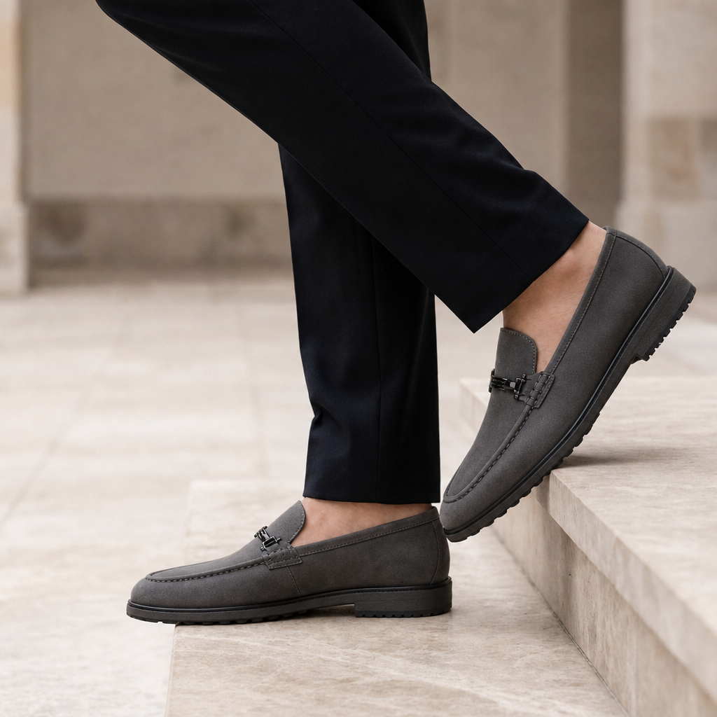 Almeria Metal Bit Leather Loafers in Gray