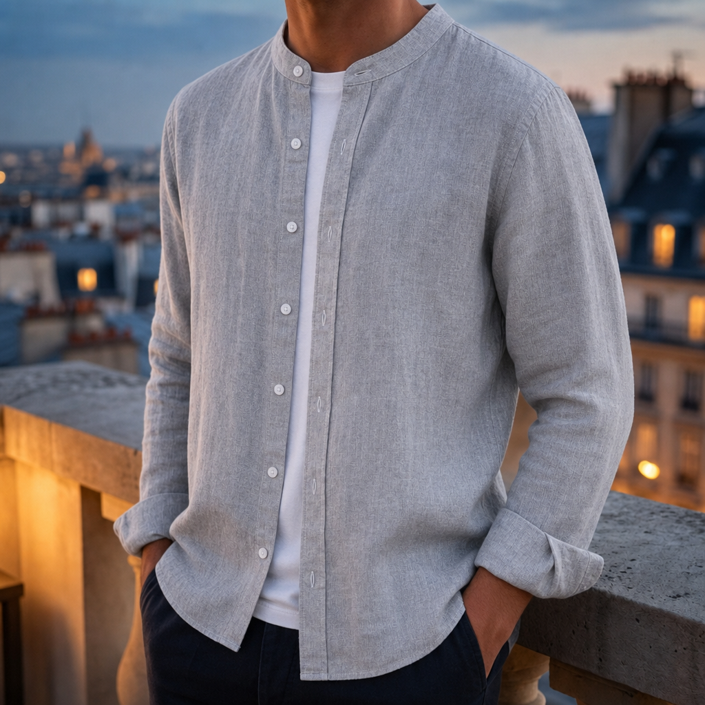 Folegandros Linen Band Collar Shirt in Gray
