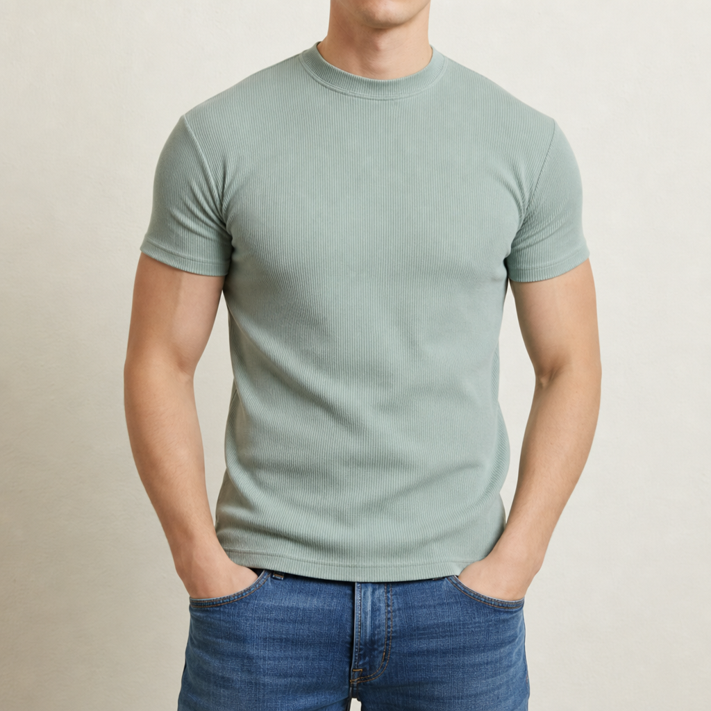 Gozo Ribbed Mock Neck Tee in Mint Green