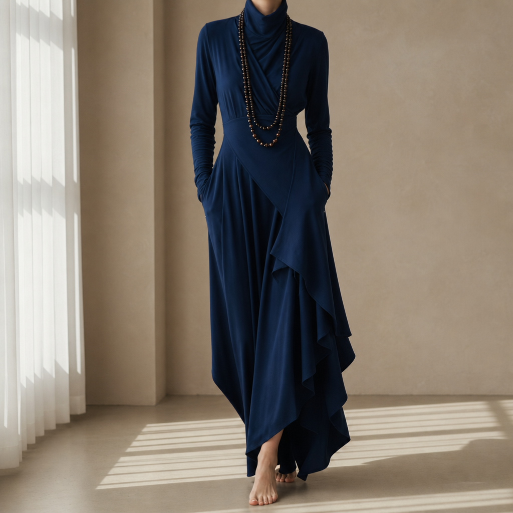 Opatija Draped Asymmetric Maxi Dress in Navy Blue
