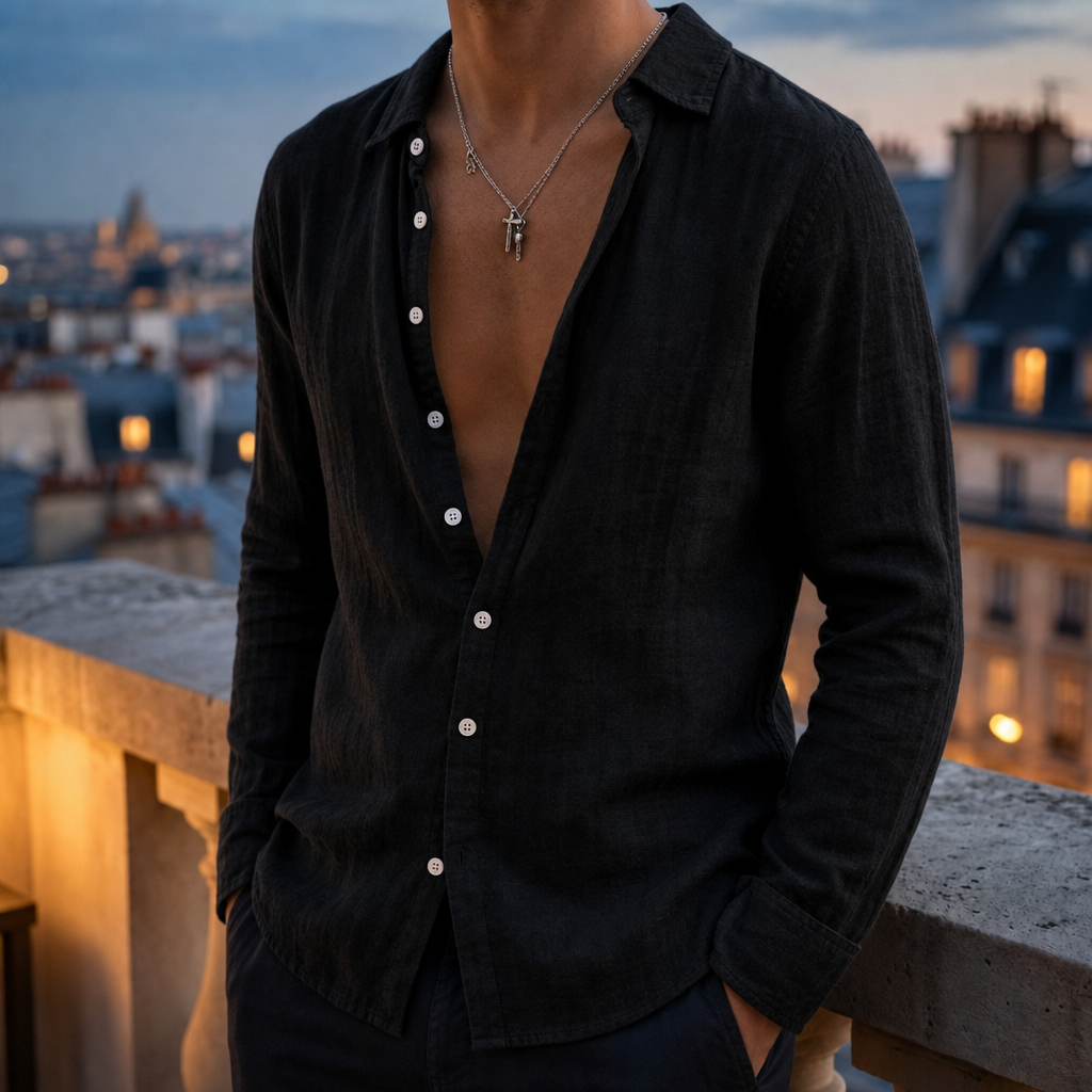 Syros Linen Open Collar Shirt in Black