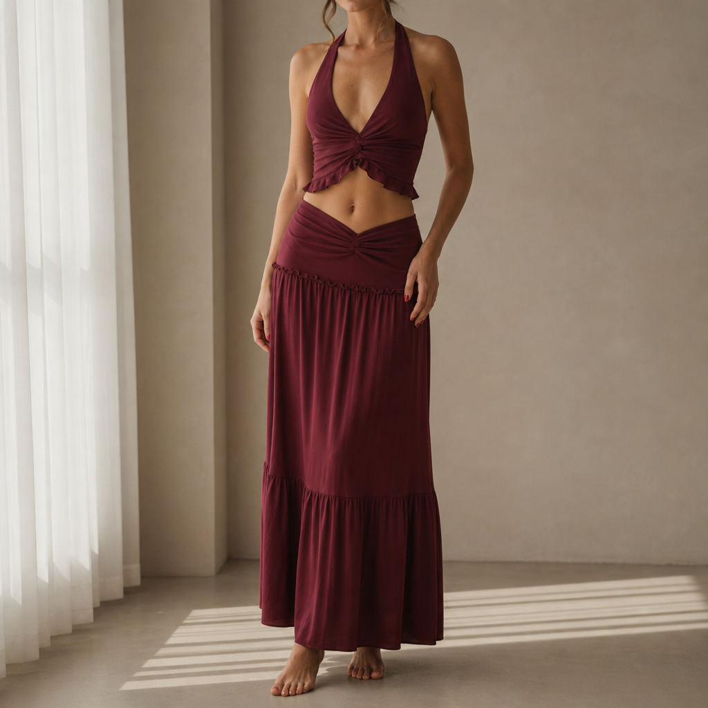 Mougins Halter Ruffle Two-Piece Set in Burgundy