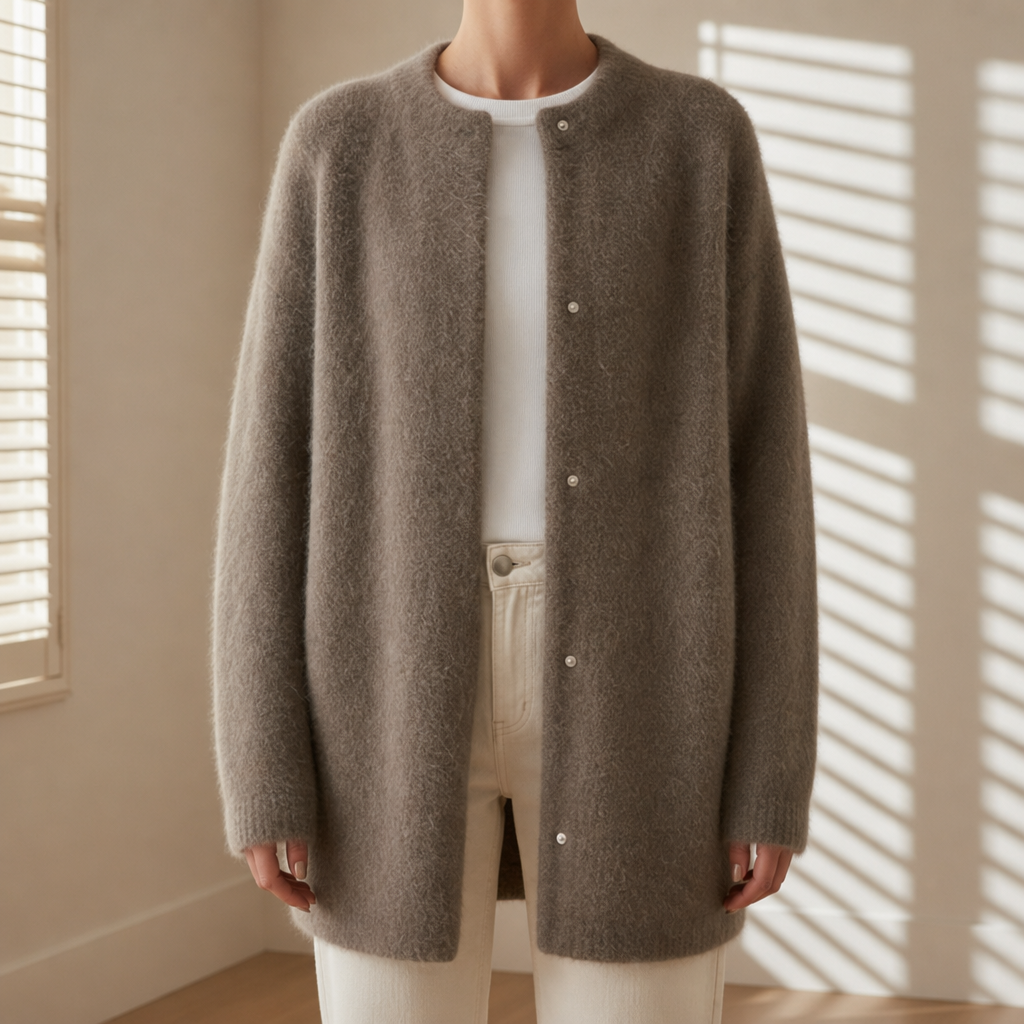 Rapallo Fluffy Longline Cardigan in Taupe