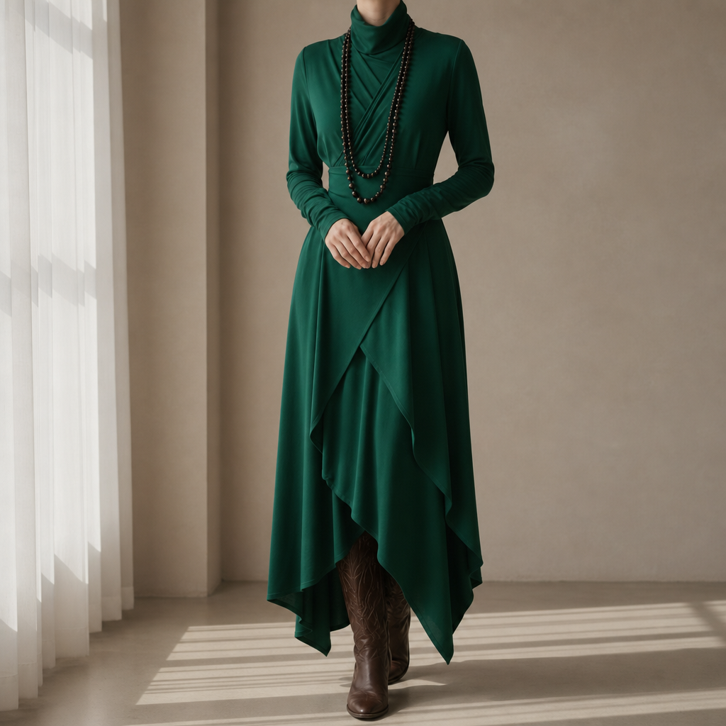 Opatija Draped Asymmetric Maxi Dress in Green