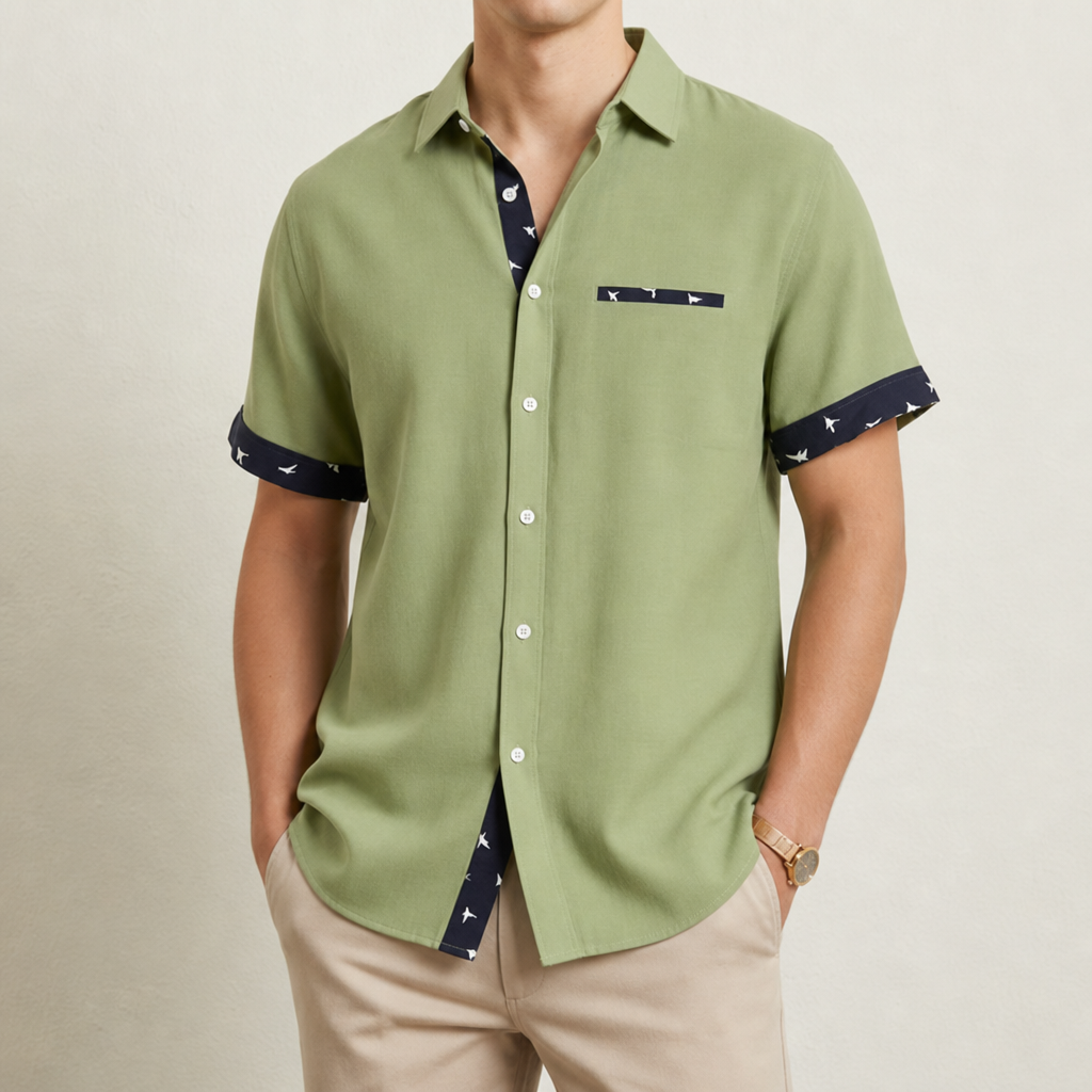 Gaeta Contrast Trim Button Shirt in Green