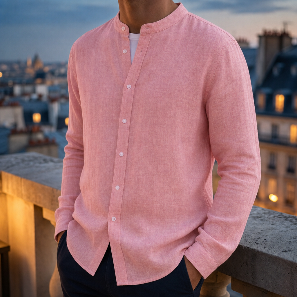 Folegandros Linen Band Collar Shirt in Pink