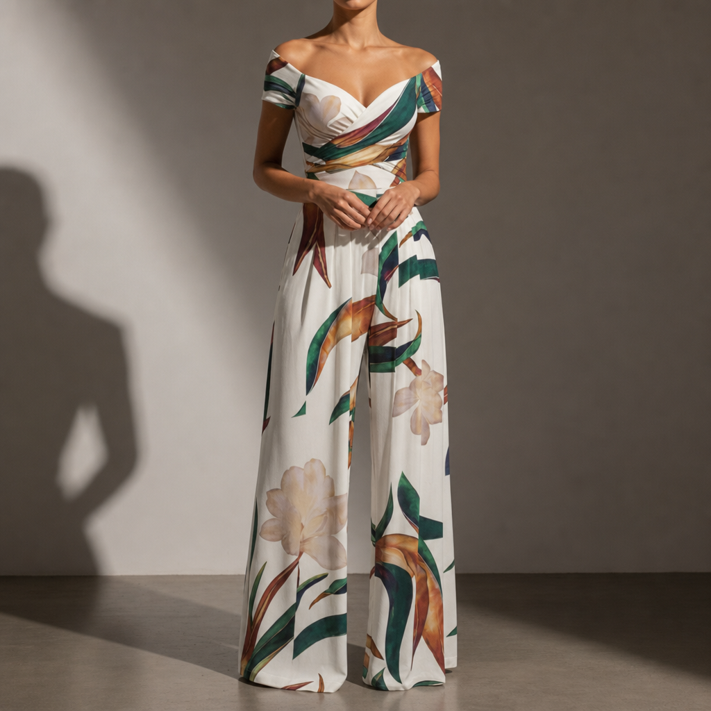 Lesvos Floral Wide-Leg Jumpsuit in White Leaves