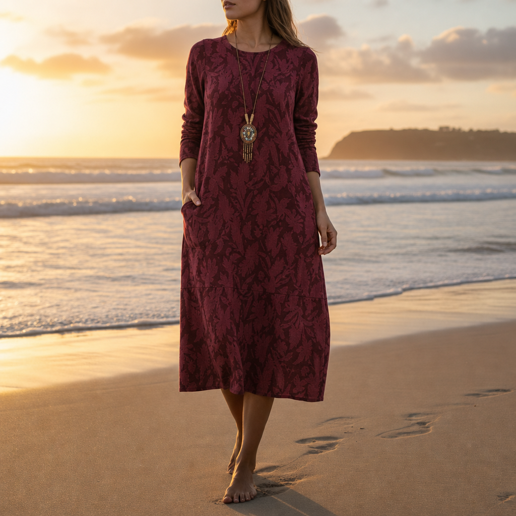 Estoril Printed Pocket Midi Dress in Burgundy