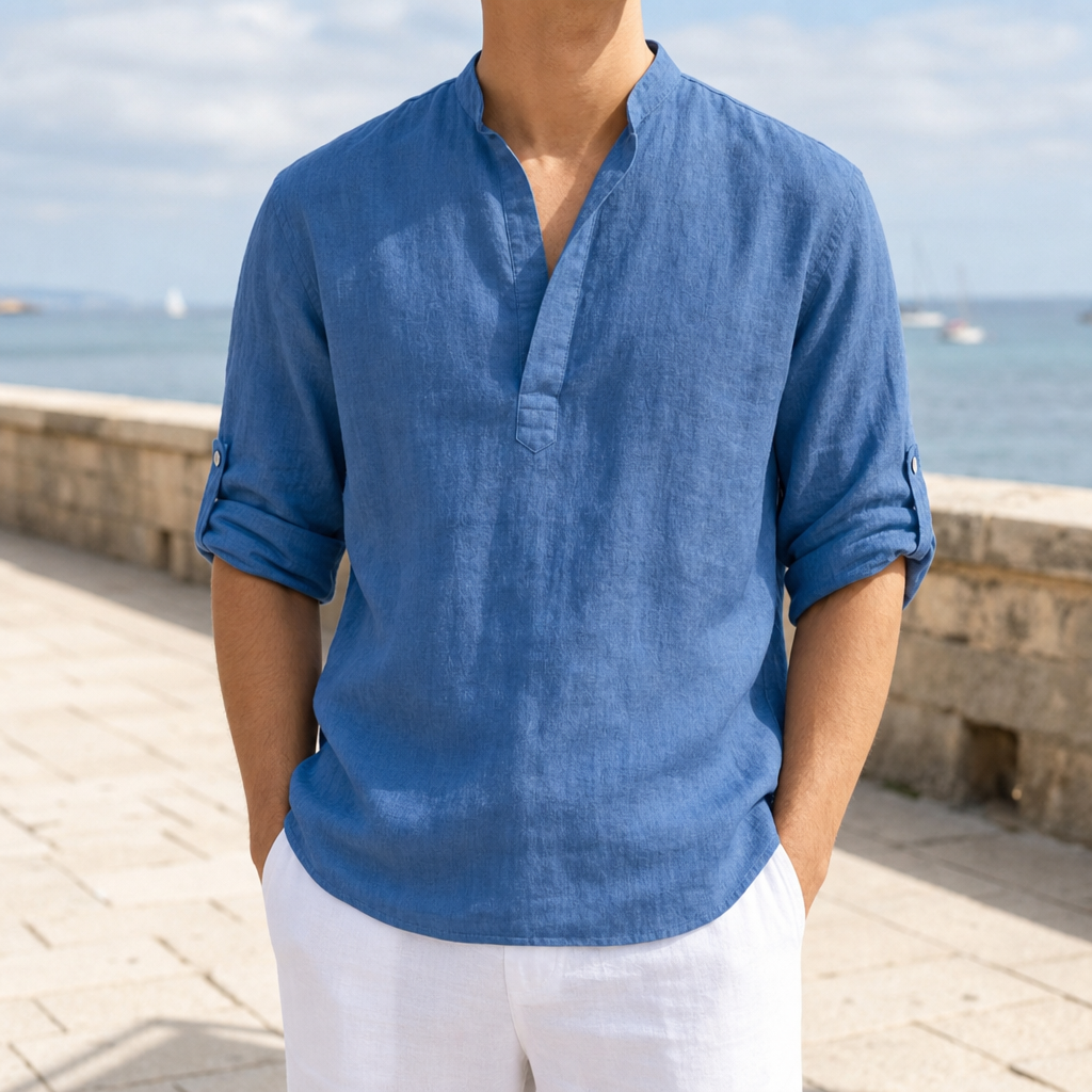 Sesimbra Linen Henley Shirt in Denim Blue