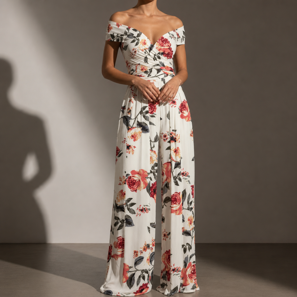 Lesvos Floral Wide-Leg Jumpsuit in White Flower