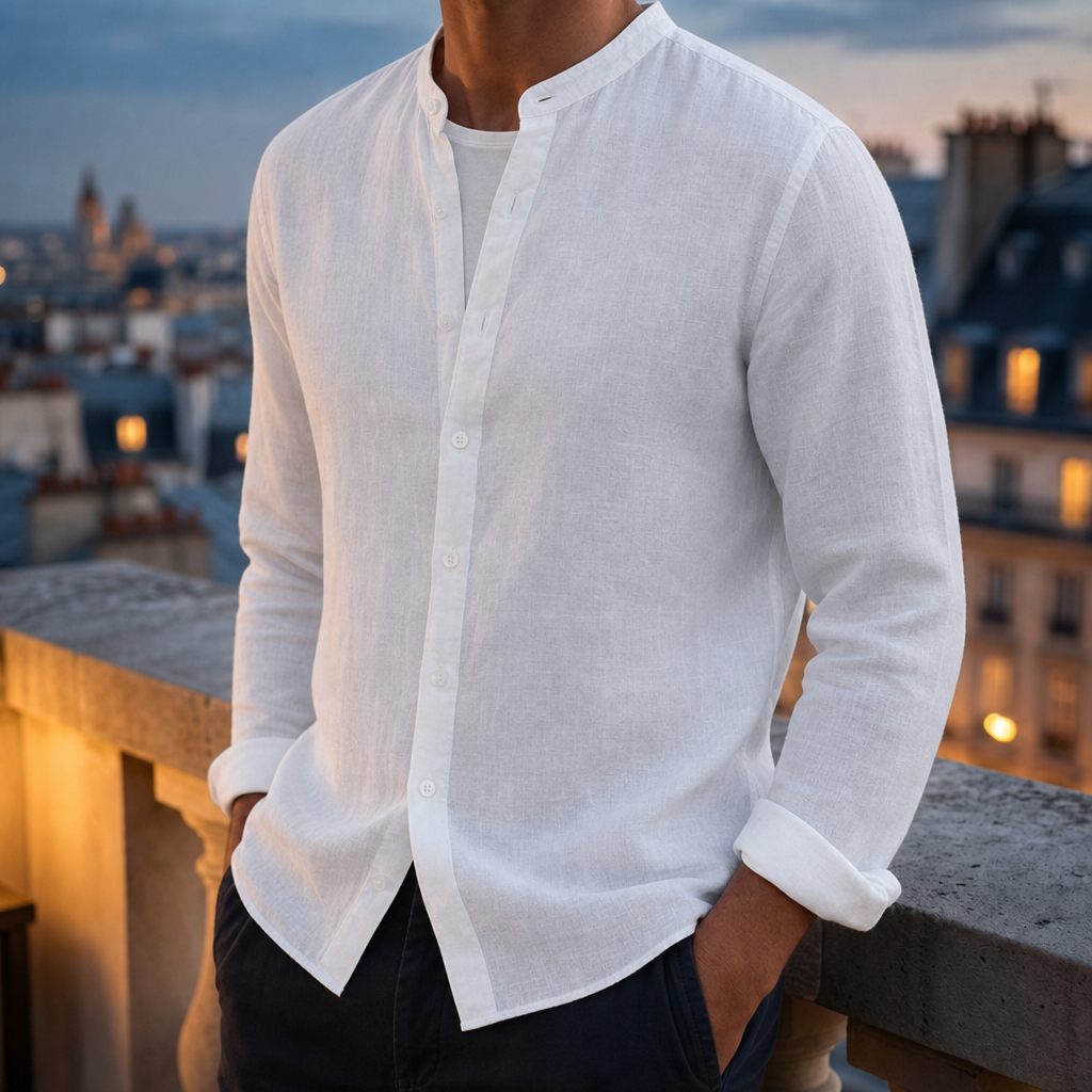 Folegandros Linen Band Collar Shirt in White